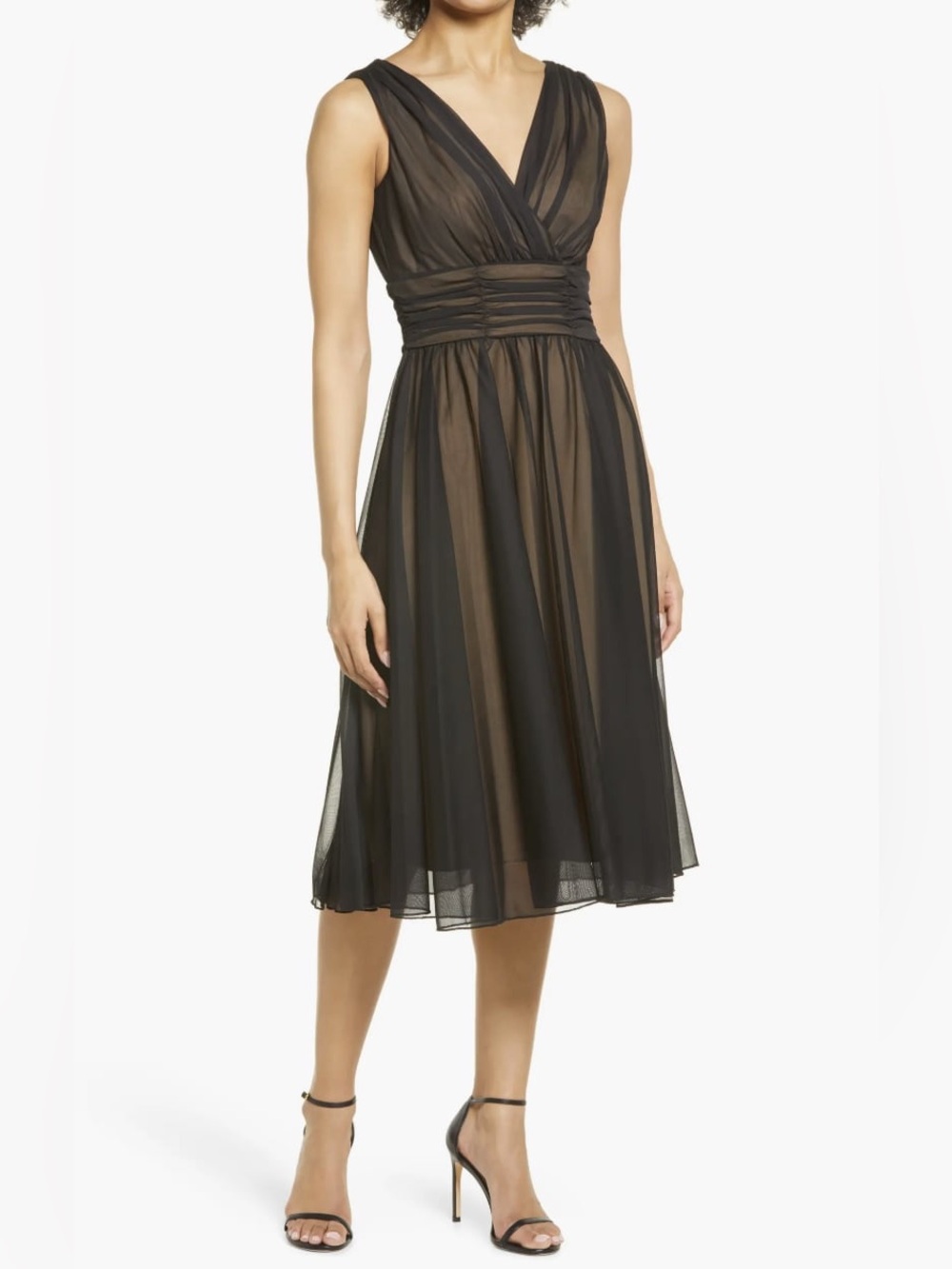 Connected Apparel Black/Gold Chiffon Overlay Fit & Flare Dress